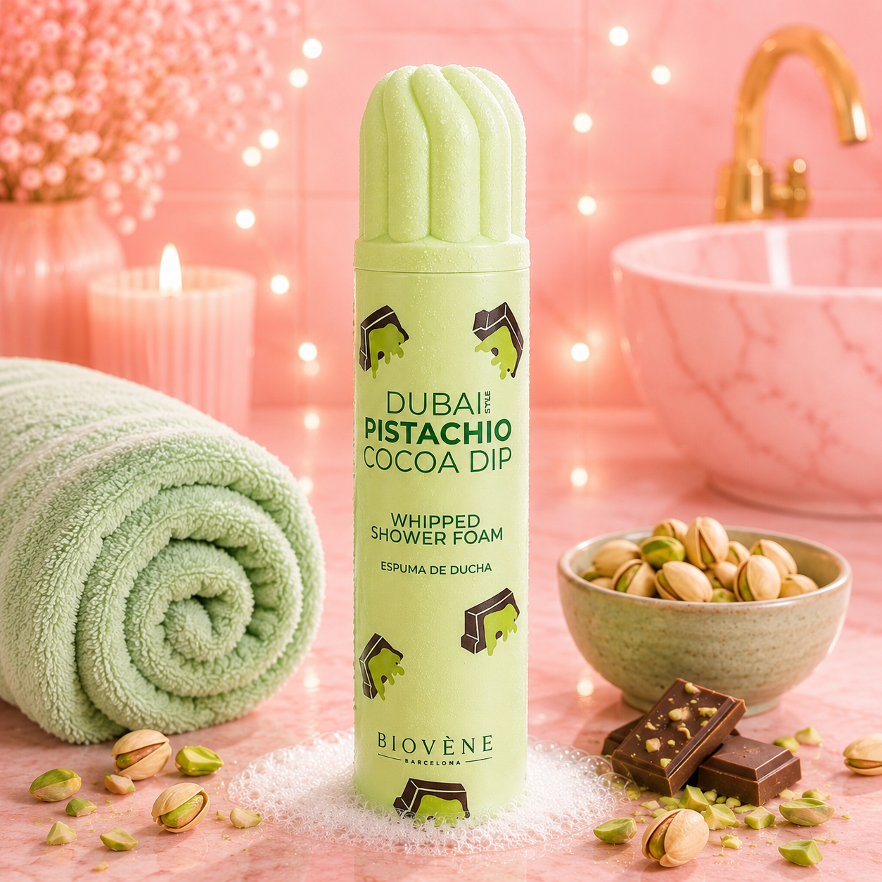 MOUSSE DE DOUCHE FOUETTÉE DUBAÏ STYLE PISTACHIO COCOA DIP 🍃 BIOVÉNE